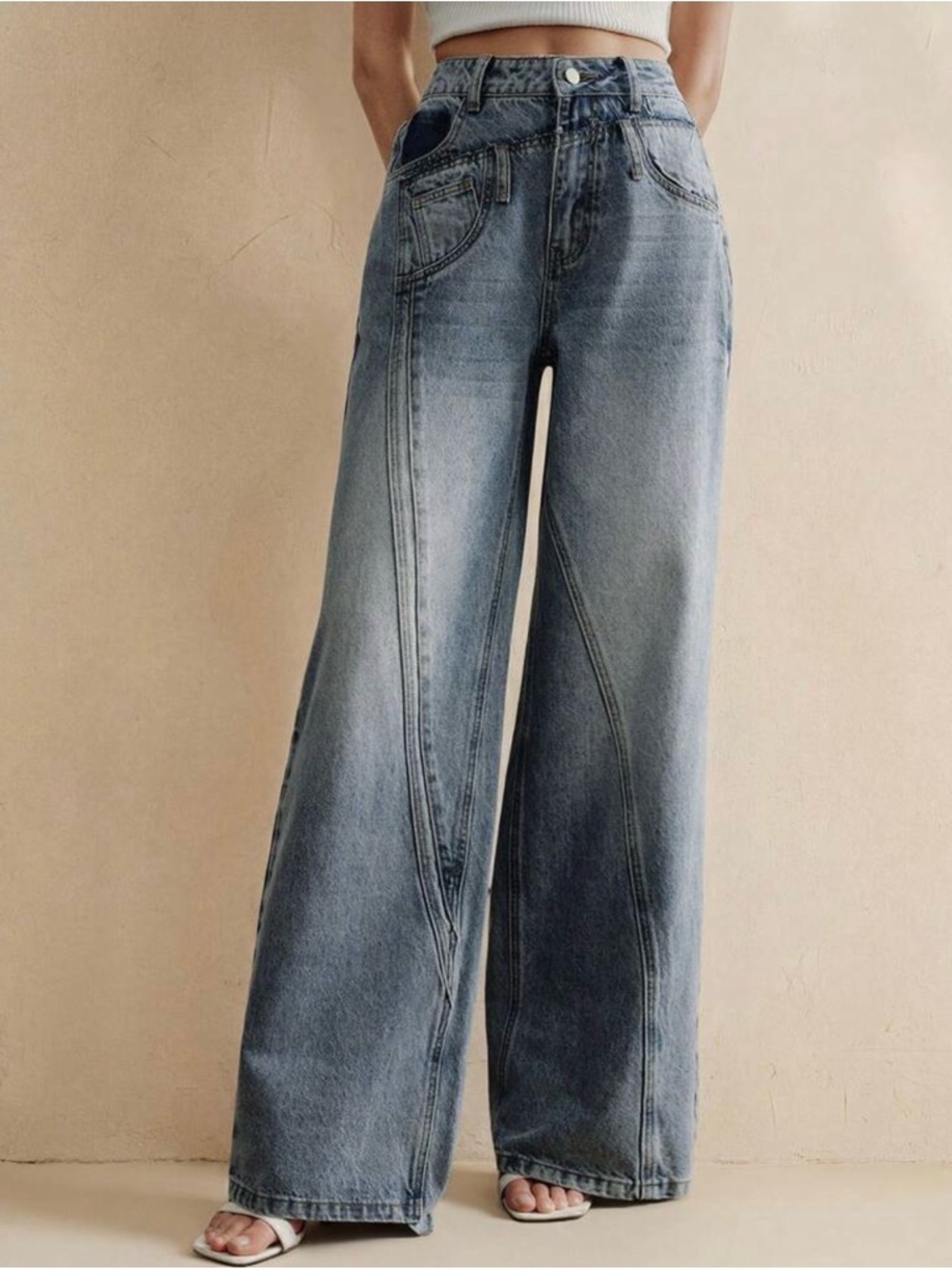 Chic High-Waisted Wide-Leg Denim Jeans | Vintage Wash Statement Pants